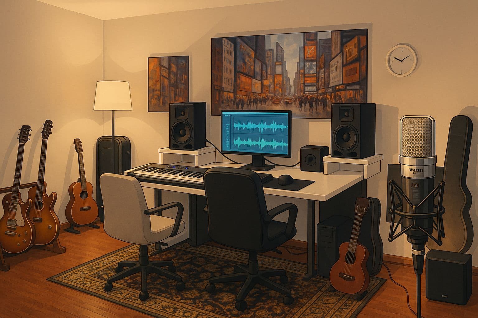 Tal Shimoni's professional music studio with mixing equipment and instruments